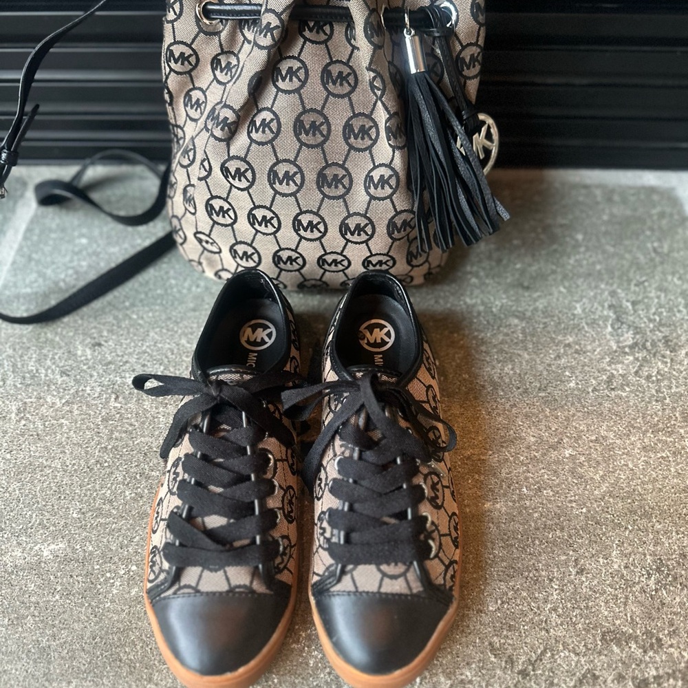 Michael Kors Monogram Black and Tan Sneakers with matching Drawstring Crossbody